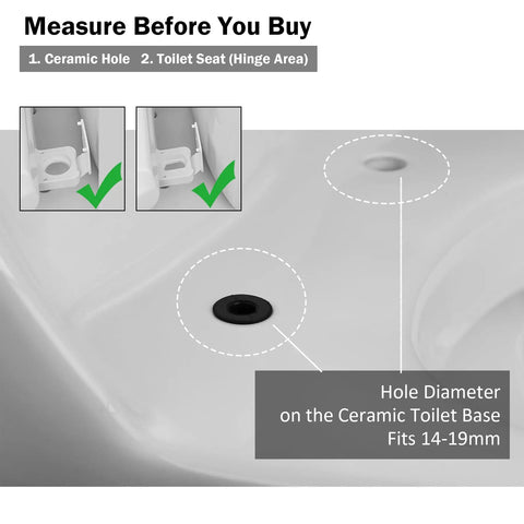 Instruction guide showing how to measure ceramic toilet hole diameter for Rust Resistant Universal Toilet Seat Bolts And Nuts Kit.