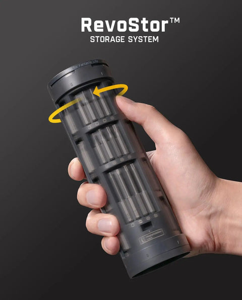 Hand holding magnetic storage bin showing 50 bits for Tiny But Mighty Ultra Mini Cordless Electric Screwdriver With 0.6 Nm Torque.