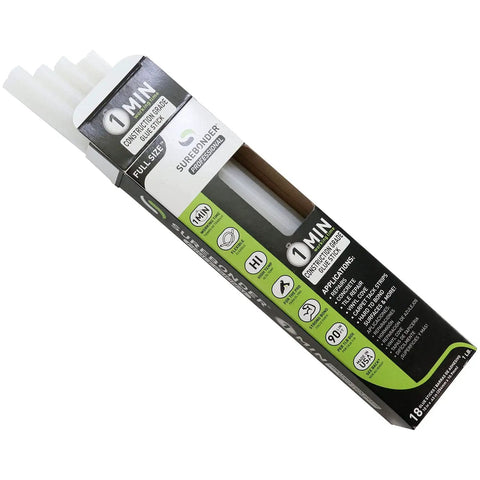 Packaging of Construction Grade Adhesive Hot Melt Glue Sticks For Tough Jobs, Full Size 10 Inch Long By 0.43 Inch Diameter, 18 pack