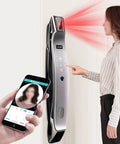 Drop Your Clunky Keys For This Rock Solid Fingerprint Door Lock With App Remote Override Password Entry IC Card Backup Electronic Digital Security For Your Everyday Home, user scanning fingerprint.