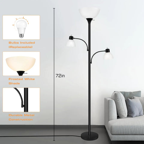 Tall Torchiere Floor Lamp With 8W Adjustable Reading Lights Industrial Tree Style Black Floor Lamp For Living Room Bedroom And Office 72 Inch Standing Lamp With Three Bulbs Included shown next to a sofa