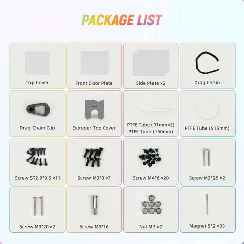 Package list for Adventurer 5M 3D Printer Enclosure Kit DIY Enclosure Set with components shown including cover, panels, and screws.