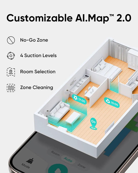 3D model of room layout with customizable AI map and robot vacuum scheduling features displayed on smartphone.