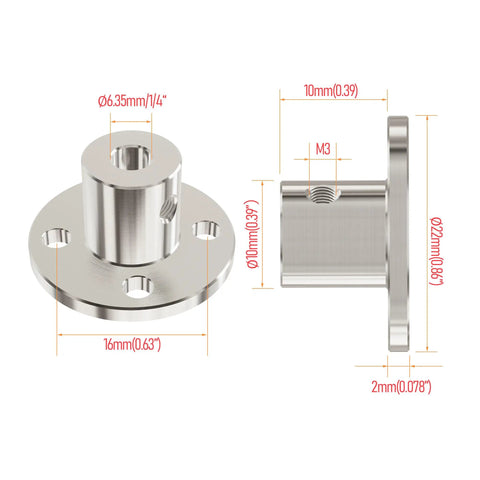 Rugged 6.35mm Flange Shaft Coupling Rigid Coupler for Small Drives One Quarter Inch Inner Diameter and 10mm Outer Diameter Chromium Plated Iron C45 Carbon Steel Connector Built to Withstand Torque and Last, front and side view