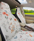 Boho Car Seat Covers 2 Pack Waterproof Front Seats With Towel Airbag Compatible Universal Fit For Most Vehicles Women Friendly SUV Sedan Truck Car Seat Protector. Floral pattern seat covers installed in a car with open sunroof.