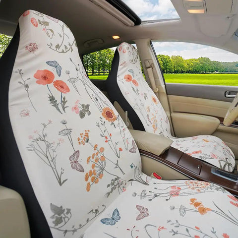 Boho Car Seat Covers 2 Pack Waterproof Front Seats With Towel Airbag Compatible Universal Fit For Most Vehicles Women Friendly SUV Sedan Truck Car Seat Protector. Floral pattern seat covers installed in a car with open sunroof.