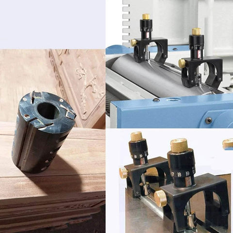Magnetic Two Piece Planer Setting Gauge And Cutter Calibrator on various planers and jointers with cutterheads visible.