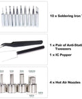 Components of 2 In 1 Hot Air Rework And Soldering Iron Station with 10 soldering tips, tweezers, IC popper, and 4 hot air nozzles.