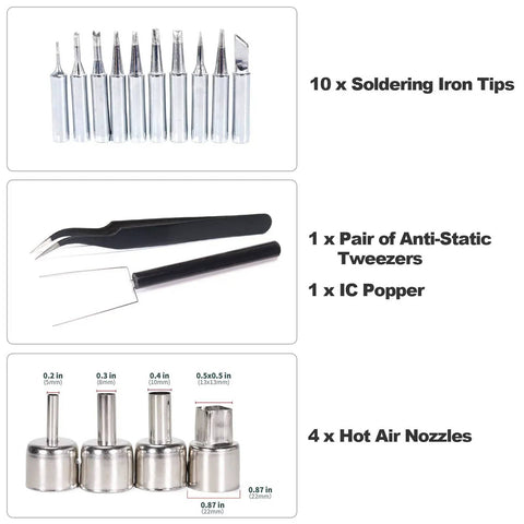 Components of 2 In 1 Hot Air Rework And Soldering Iron Station with 10 soldering tips, tweezers, IC popper, and 4 hot air nozzles.