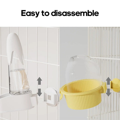 No Mess Bird Feeder And Water Dispenser Set For Bird Cage Gravity Automatic seed hopper disassembles easily for cleaning.