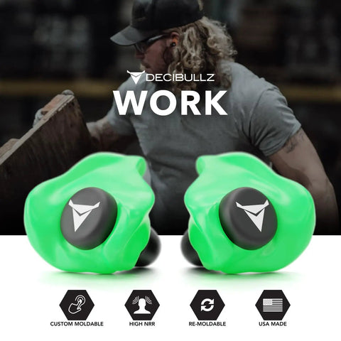 Custom Molded Earplugs With 31dB Noise Reduction Rating For Loud As Heck Environments Like Shooting Travel Swimming Work And Concerts Deliver Superior Comfort And Fit While Providing Gentle Long Lasting Hearing Protection, green, work setting.