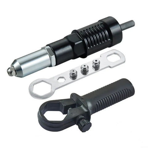 Top Tier Electric Rivet Tool Adapter Set Fits Cordless Drill With Alloy Steel Head And 2.4-4.8mm Capacity For Low Noise Diy Jobs And Pro Projects That Hit Smooth. black rivet adapter set with wrench and nozzles
