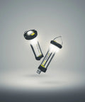Two Lighthouse Micro Flash Lantern USB Rechargeable Handheld Light for Emergency Outdoor Use in a grey background.