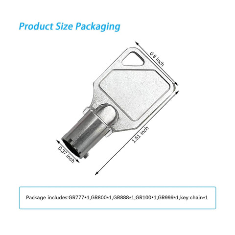 Premium Five Piece Coin Laundry Machine Key Set showing size dimensions and key design for GR777 GR800 GR888 GR100 GR999