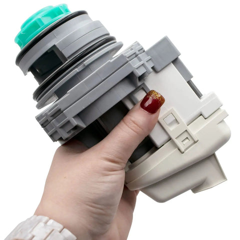 Hand holding Dishwasher Pump And Motor Assembly Replacement For Select Models Easy Install 120V 60Hz 80W 1.5A Water Pump Kit