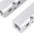 Close-up of Six Way Eight Port Aluminum Air Manifold Distribution Block With One Quarter Inch NPT Output And One Half Inch NPT Supply Port showing threaded ports.