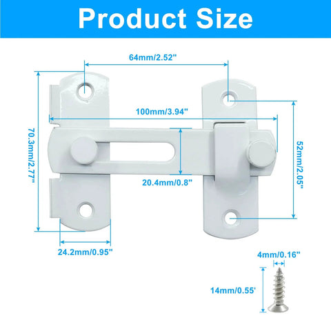 Two Pack Flip Latch Lock Set 3.94 Inch By 2.77 Inch White Stainless Steel Barn Door Latches with size dimensions visible