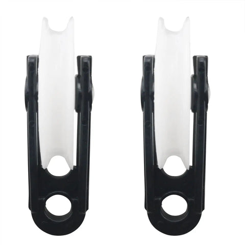 4 Pack 2-1/2 Inch Nylon Clothesline Pulleys For Outdoor Use Built To Last Heavy Duty Plastic Kit For Hanging Heavy Objects, smooth spin, showing two white and black pulleys