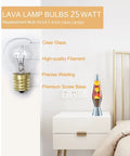 25 Watt Replacement Bulbs For 14.5-Inch Lava Lamps, close-up of bulb with clear glass and lava lamp on bedside table.