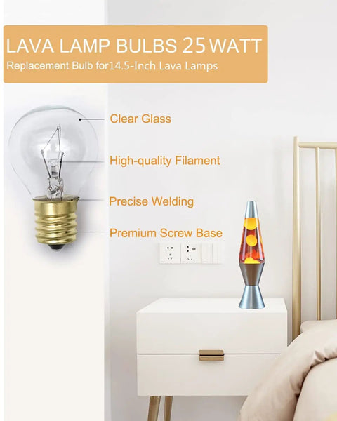 25 Watt Replacement Bulbs For 14.5-Inch Lava Lamps, close-up of bulb with clear glass and lava lamp on bedside table.