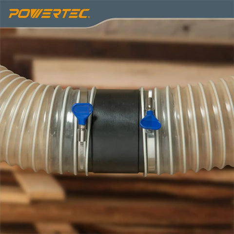 Hella Flexible 4 In By 5 Ft PVC Dust Collection Hose with stainless clamps, clear tube, connecting to woodshop equipment.