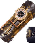 Badass Steampunk Arm Sleeve Cosplay Anime Accessory Featuring Mechanical Compass Prop Leather Gear Designed For Women Role Playing Costume Kick Ass Style And Rad Vintage Vibes, close-up on brass compass and leather detailing.