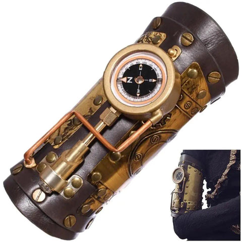 Badass Steampunk Arm Sleeve Cosplay Anime Accessory Featuring Mechanical Compass Prop Leather Gear Designed For Women Role Playing Costume Kick Ass Style And Rad Vintage Vibes, close-up on brass compass and leather detailing.