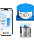 Blue Ultrasonic Water Level Sensor With WiFi, IP66 Tank Monitoring For 0-4M Range next to smartphone app and tank illustration