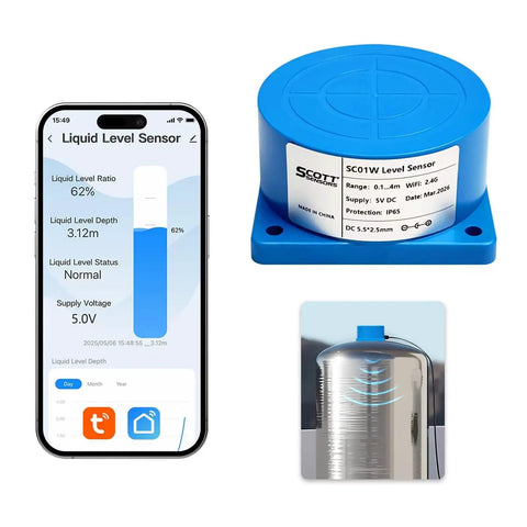 Blue Ultrasonic Water Level Sensor With WiFi, IP66 Tank Monitoring For 0-4M Range next to smartphone app and tank illustration