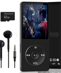Pocket Size 32GB Bluetooth MP3 Player With Dope HiFi Sound, 1.8 Inch Color Display, earphones, 32GB microSD card shown