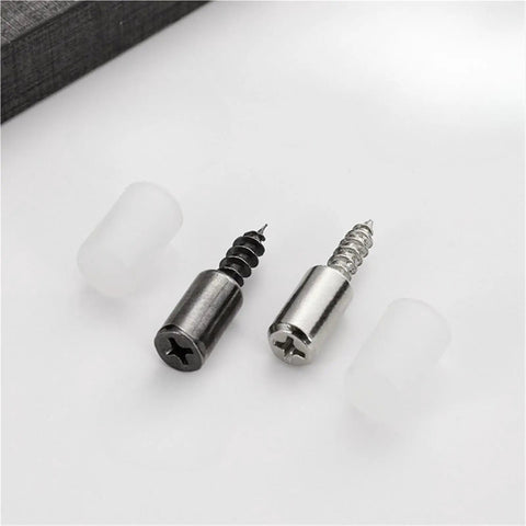 Heavy Duty Self Tapping Screws For Cabinet Laminate Support 50 Piece Cross Laminated Board Fasteners, black and silver designs with plastic covers.