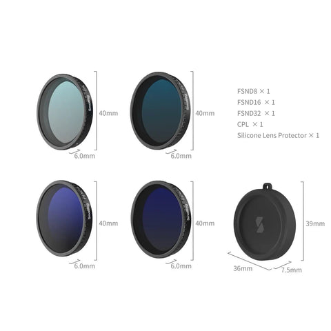 ND Filter And CPL Kit For DJI Osmo Action 5 Pro And Action 4 With 5 Pack FS ND8 ND16 ND32 Filters Snap On Lens Cover HD Optical Glass Multi Coated For True Color And Crisp Footage displayed in size dimensions.