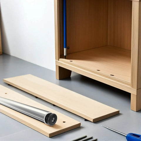 Assembly kit with round plastic plugs for furniture legs and chair tubes, showing adjustable metal feet with integrated nut.