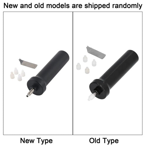 Pro Grade Stainless Steel Watch Crystal Removal Tool with air pump, showing new and old models with accessory tips