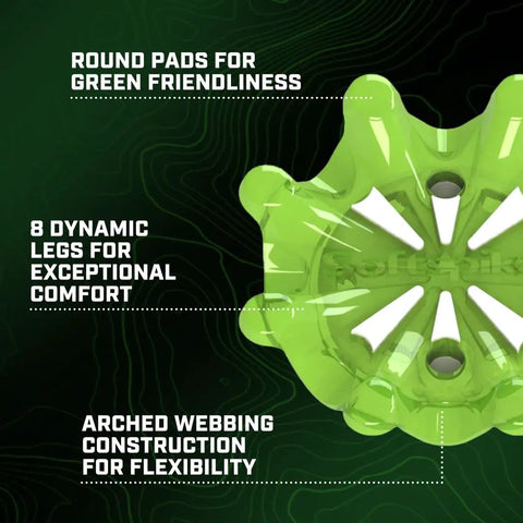 Close-up of green Pulsar Golf Cleats Fast Twist 3.0 with eight legs and arched webbing for flexibility and comfort.