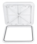 Heavy Duty ABS Marine Deck Hatch Built Tough For Weekend Warriors And Captain Crews Featuring Bullet Proof Rubber Weather Seal and Lockdown Recessed Handles Delivers In Pristine White, open view showing gasket.