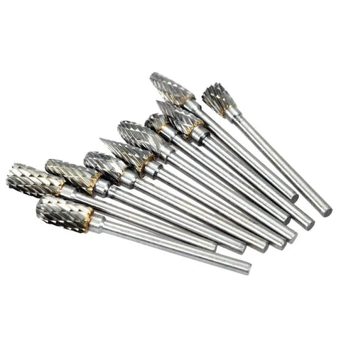 Top Shelf Ten Pack Tungsten Carbide Rotary Burrs Compatible With Dremel Rotary Tools, assorted head profiles, 3mm shafts.