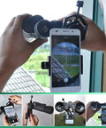 Turn Your Smartphone Into A Video Camera And Image Capture Rig For Binoculars, Telescopes, Spotting Scopes, Monoculars, And Microscopes With An Aluminum Mount, Periscope Adapter, And Remote, Case Friendly Up To 90mm Wide attached to binoculars capturing rooftop view