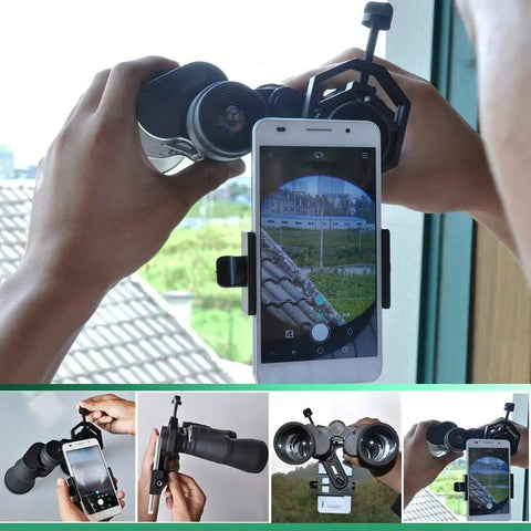 Turn Your Smartphone Into A Video Camera And Image Capture Rig For Binoculars, Telescopes, Spotting Scopes, Monoculars, And Microscopes With An Aluminum Mount, Periscope Adapter, And Remote, Case Friendly Up To 90mm Wide attached to binoculars capturing rooftop view