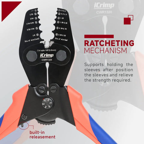 Heavy Duty Wire Rope Crimping Tool With Built In Cutter for Cable Railing, red and blue 13 inch hand swaging tool with ratcheting