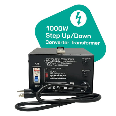1000 Watt Voltage Converter Step Up And Down For 110V To 220V Or 220V To 110V Fully Grounded Cord Universal Socket Toroidal Transformer For Quiet Efficient Power CE Certified, shown with 1000W label, power cord, and socket options.