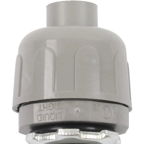 Heavy Duty Liquid Tight Connector 1/2 Inch Straight 180 Degree No Sweat Install Steel Plastic Conduit Fitting Solid Grip 150 Pack top view showing manual spin lock design.