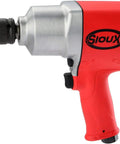 Top Shelf Heavy Duty Air Impact Wrench Delivers Raw 1050 Ft Lbs Of Pulling Power Through Its Tough 3/4 Inch Square Drive Plus A Lightweight Composite Body For Nonstop Shop Hustle side view of wrench with red composite body and square drive.