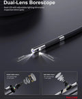 360 Degree Articulating Borescope With Dual Front And Side Lenses, 4 Way Joystick Control, Narrow 0.25 Inch Slim Probe For Tight Spaces, Pro Grade Dual View Diagnostics For Automotive, Plumbing, And Industrial Inspection. Dual-lens borescope probe with front and side cameras.
