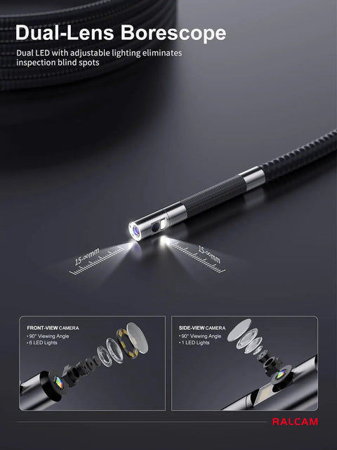 360 Degree Articulating Borescope With Dual Front And Side Lenses, 4 Way Joystick Control, Narrow 0.25 Inch Slim Probe For Tight Spaces, Pro Grade Dual View Diagnostics For Automotive, Plumbing, And Industrial Inspection. Dual-lens borescope probe with front and side cameras.