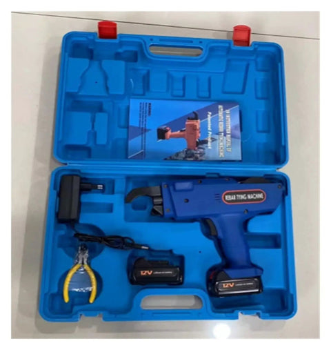 Cordless Lithium Rebar Tying Tool With 12V Battery and accessories in blue carrying case, ergonomic design for builders