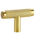 Gold knurled T-shaped cabinet pull, modern hardware for cupboards and drawers, slick texture, durable handle
