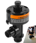 Close-up of high-flow manual relief valve assembly for pool/spa filter; black plastic with orange warning label