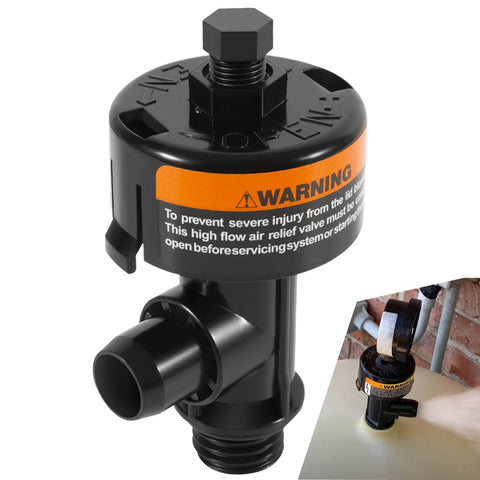 Close-up of high-flow manual relief valve assembly for pool/spa filter; black plastic with orange warning label