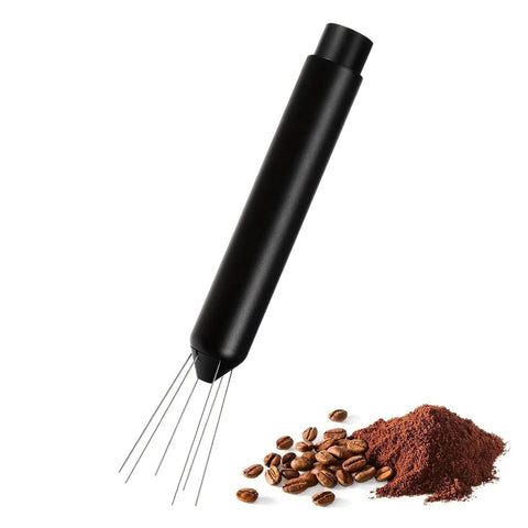 Next Level Espresso Distribution Tool With Retractable Stainless Steel Needle For Portafilter Clump Crushing And Fluffy Coffee Beds next to ground coffee.